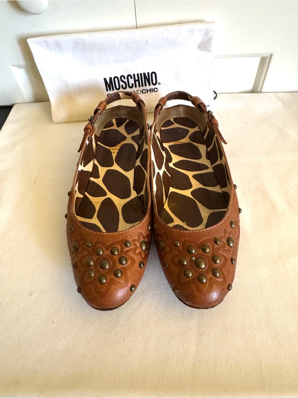 MOSCHINO Cheap And Chic Brown Leather Studded Sandals 8